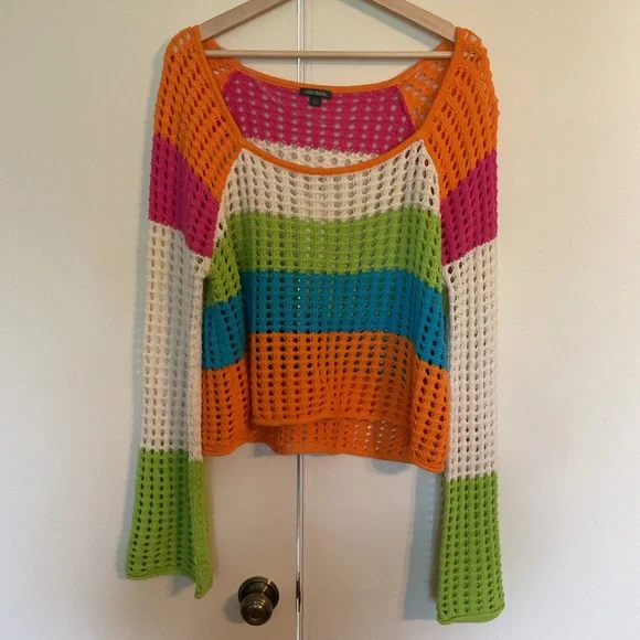 Wild Fable Granny Crochet Striped Rainbow Wide Sleeved Casual Top Shirt Size L - Picture 3 of 9